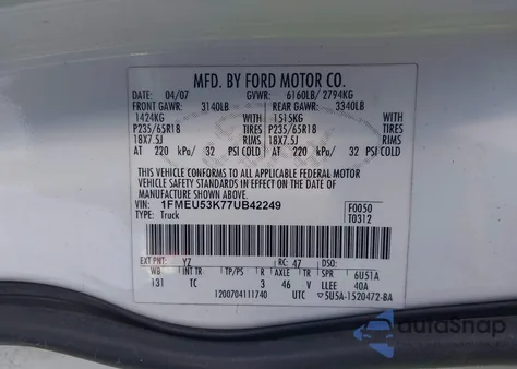 2007 Ford Explorer Sport Trac Limited z USA, uszkodzony, nr VIN 1FMEU53K77UB42249